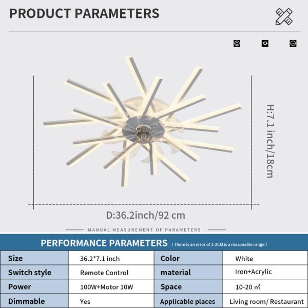 36" Ceiling Fan with Dimmable LED Lights and Remote Control - 6-Speed Adjustable Wind, Modern Multi-Function Fan Light for Living Room, Bedroom, Kitchen, and Patio (Modern + White + Acrylic)