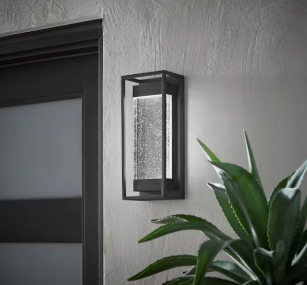 Lindley 12.38 in.Modern 1-Light Matte Black Hardwired LED Outdoor Wall Light Sconce with Bubble Double Frame (1-Pack)