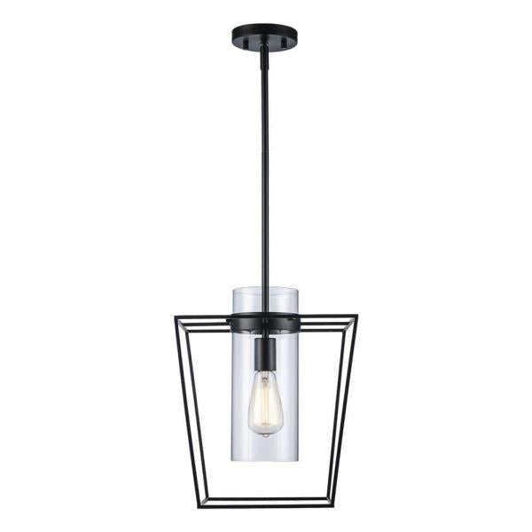 12 in. 1-Light Black Pendant Light Fixture with Clear Glass Cylinder Shade