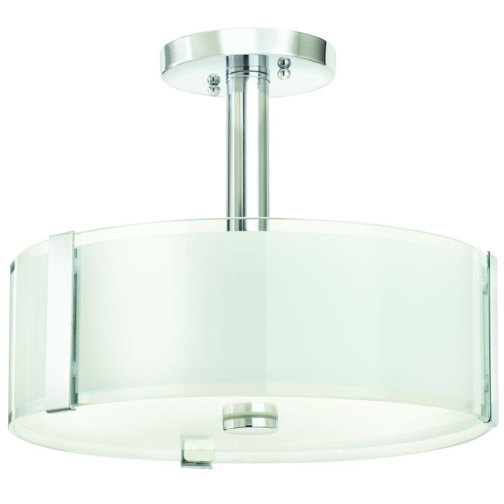 Bourland 14 in. 3-Light Polished Chrome Semi-Flush Mount Ceiling Light Fixture with White and Clear Glass Double Shade