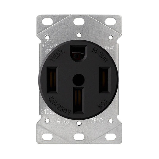 50 Amp 125/250V, NEMA 14-50R Flush Mount Power Outlet, Single Straight Blade Range and Dryer Outlet Grounding, Black