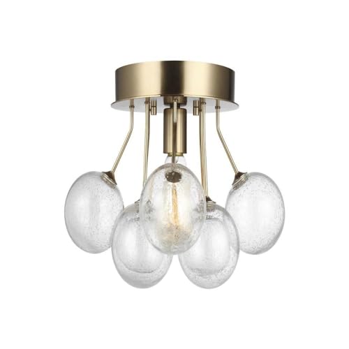 Bronzeville 15 in. 1-Light Satin Brass Semi-Flush Mount with Seeded Glass Globes