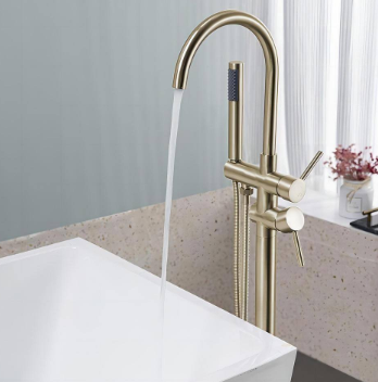 Single-Handle Free-Standing Tub Faucet with Handheld Shower in Brushed Gold