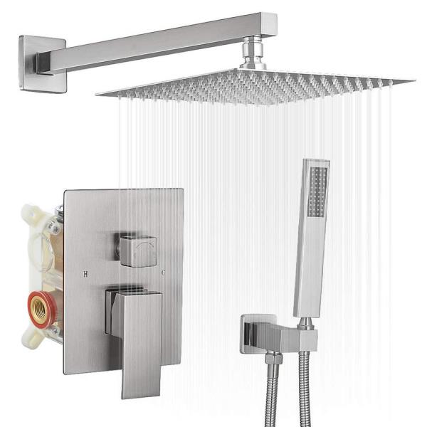 2-Spray Patterns with 2.5 GPM 12 in. Showerhead Wall Mounted Dual Shower Heads with Valve in Brushed Nickel