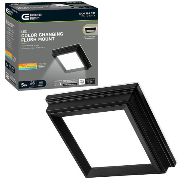 Low Profile 5 in. Matte Black Square LED Flush Mount with Night Light Feature J-Box Compatible Dimmable 500 Lumens
