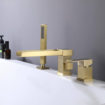 Single-Handle Deck Mount Roman Tub Faucet with Handheld Shower in Brushed Gold
