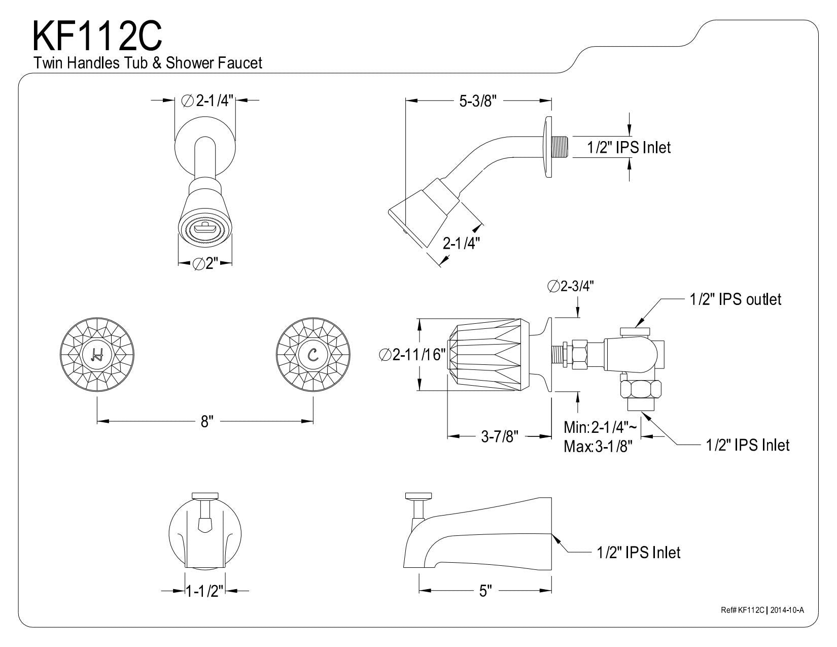 Kingston Brass KF112C Americana 8-Inch Two Acrylic Handle Center Tub and Shower Valve, Polished Chrome