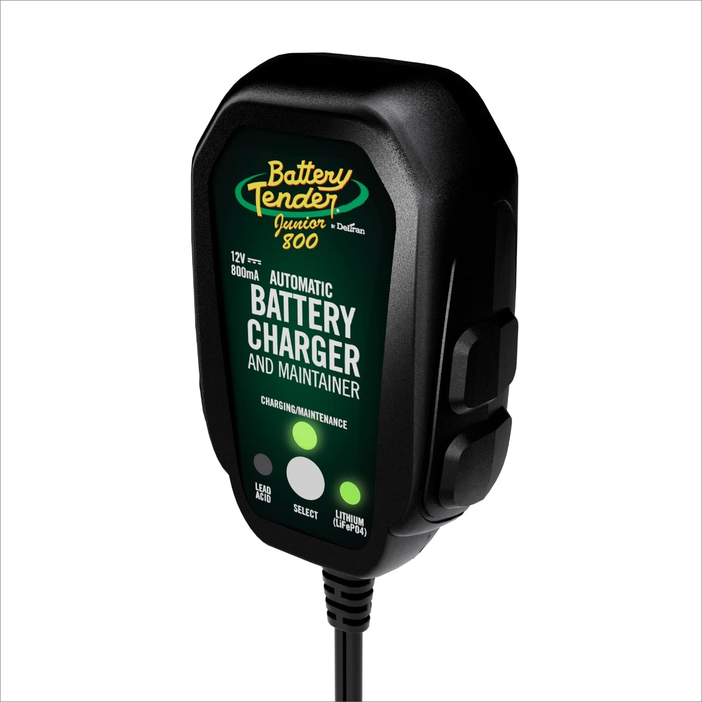 Battery Tender Junior 12V, 800mA Battery Charger and Maintainer for Lead Acid and Lithium Batteries - Switchable Battery Charger for Powersports - 022-0199-DL-WH
