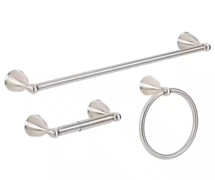 Builders 3-Piece Bath Hardware Set with Towel Bar TP Holder Towel Ring in Brushed Nickel