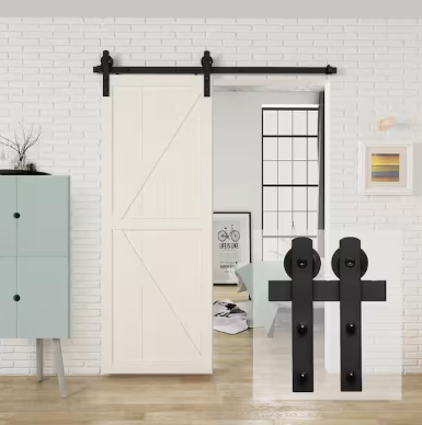 60" Black Single Bypass Sliding Barn Door Track & Hardware Kit w/ I-Shape Hanger