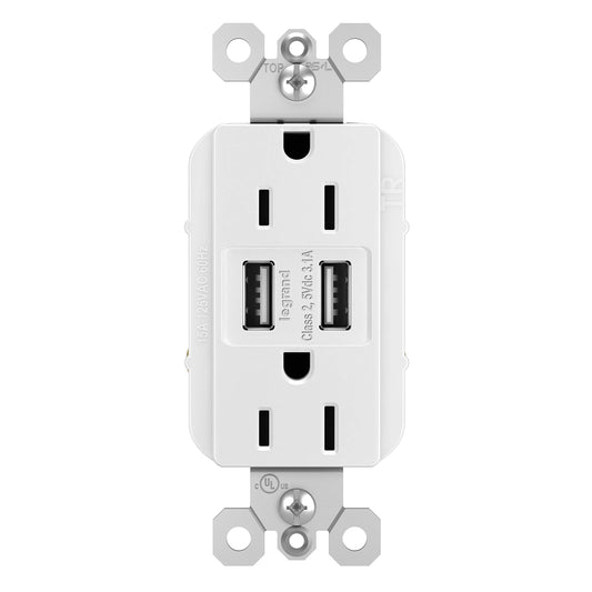 Legrand Radiant TM826USBWCCV6 15 Amp Decorator Duplex Tamper Resistant Outlet Receptacle with 3.1A Type A USB Charger, White (1 Count)