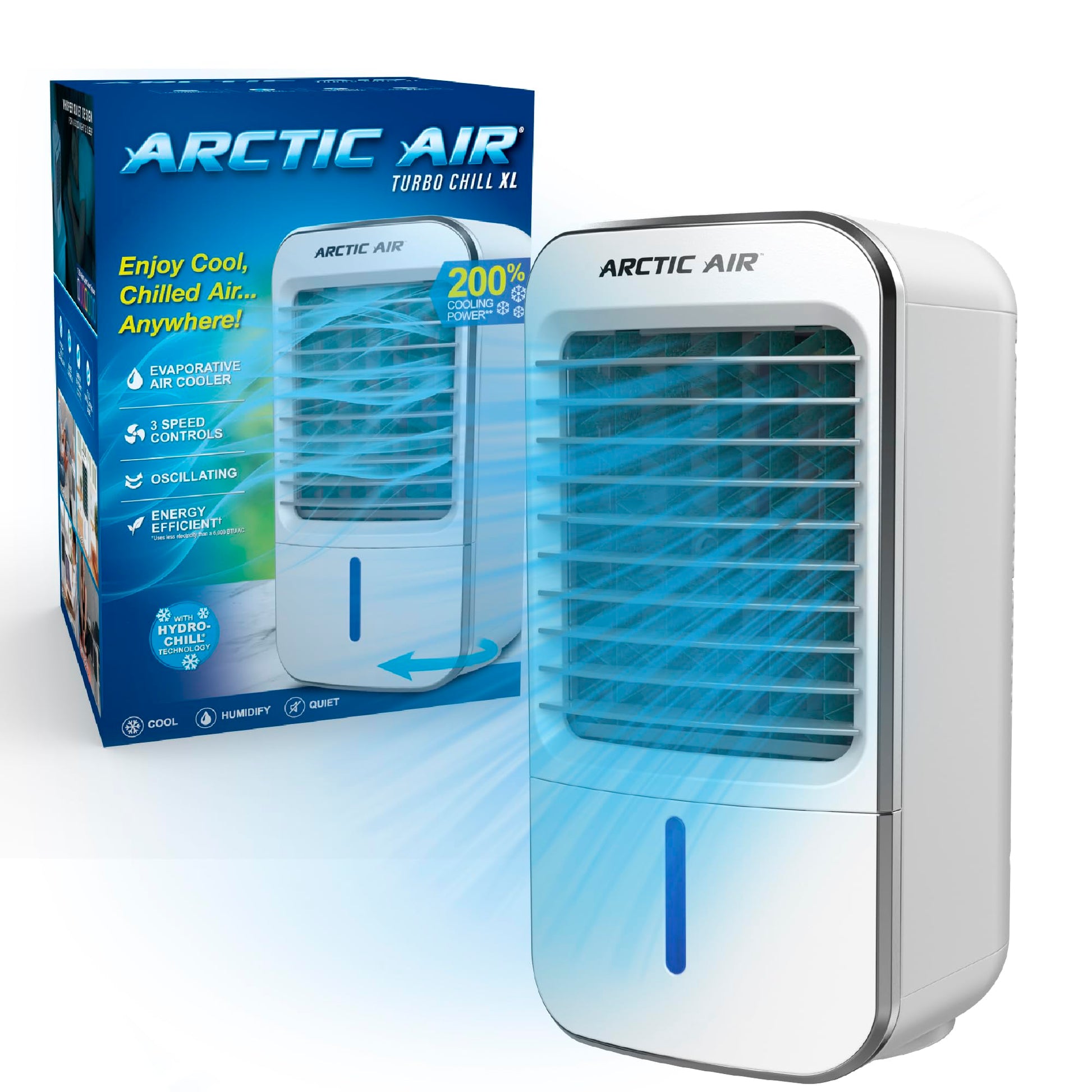 Arctic Air Turbo Chill XL Evaporative Air Cooler, Lightweight & Whisper Quiet, 3-Speed Cooling Fan with Mist Control, Oscillating & Adjustable Grill, Quick View Water Level