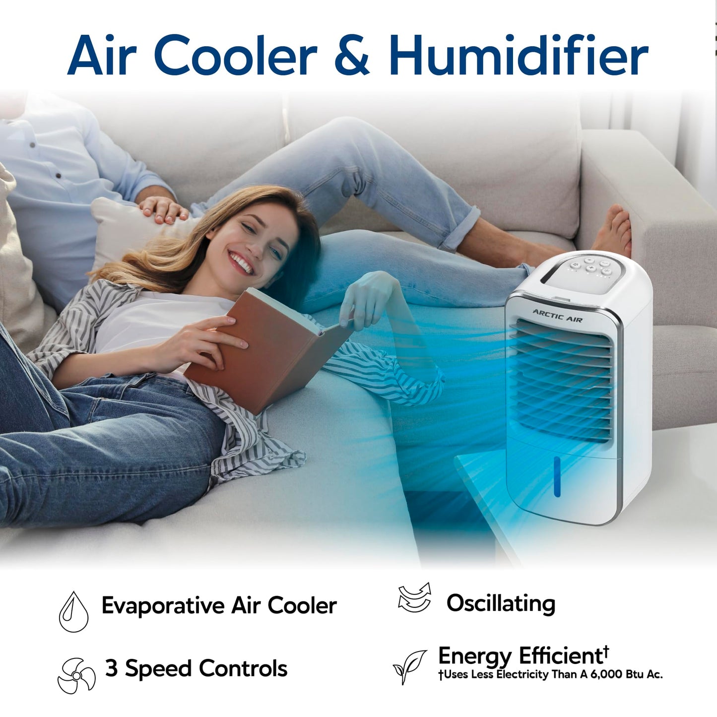 Arctic Air Turbo Chill XL Evaporative Air Cooler, Lightweight & Whisper Quiet, 3-Speed Cooling Fan with Mist Control, Oscillating & Adjustable Grill, Quick View Water Level