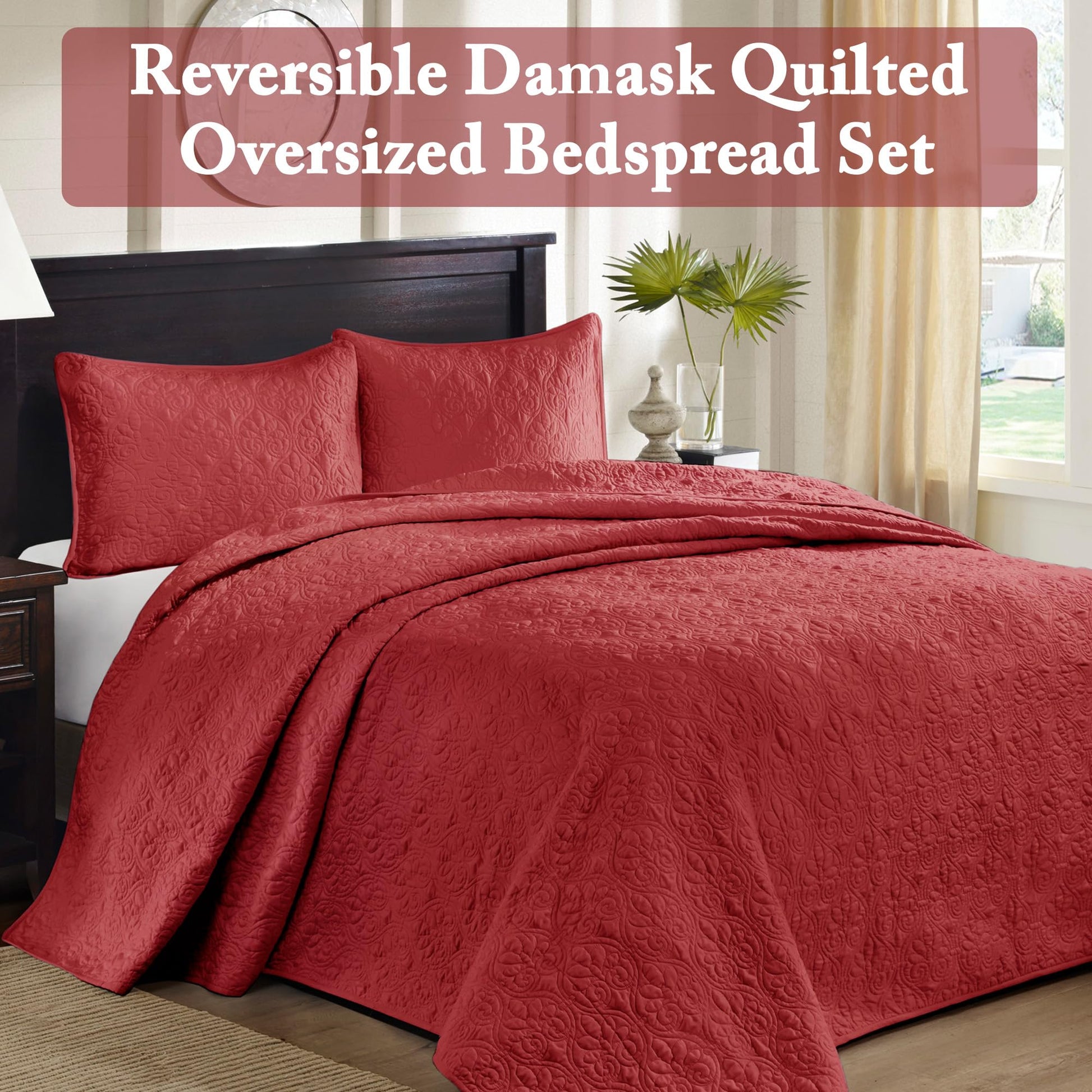 Madison Park Quebec King Size Quilt Bedding Set - Red , Damask – 3 Piece Bedding Quilt Coverlets – Ultra Soft Microfiber Bed Quilts Quilted Coverlet