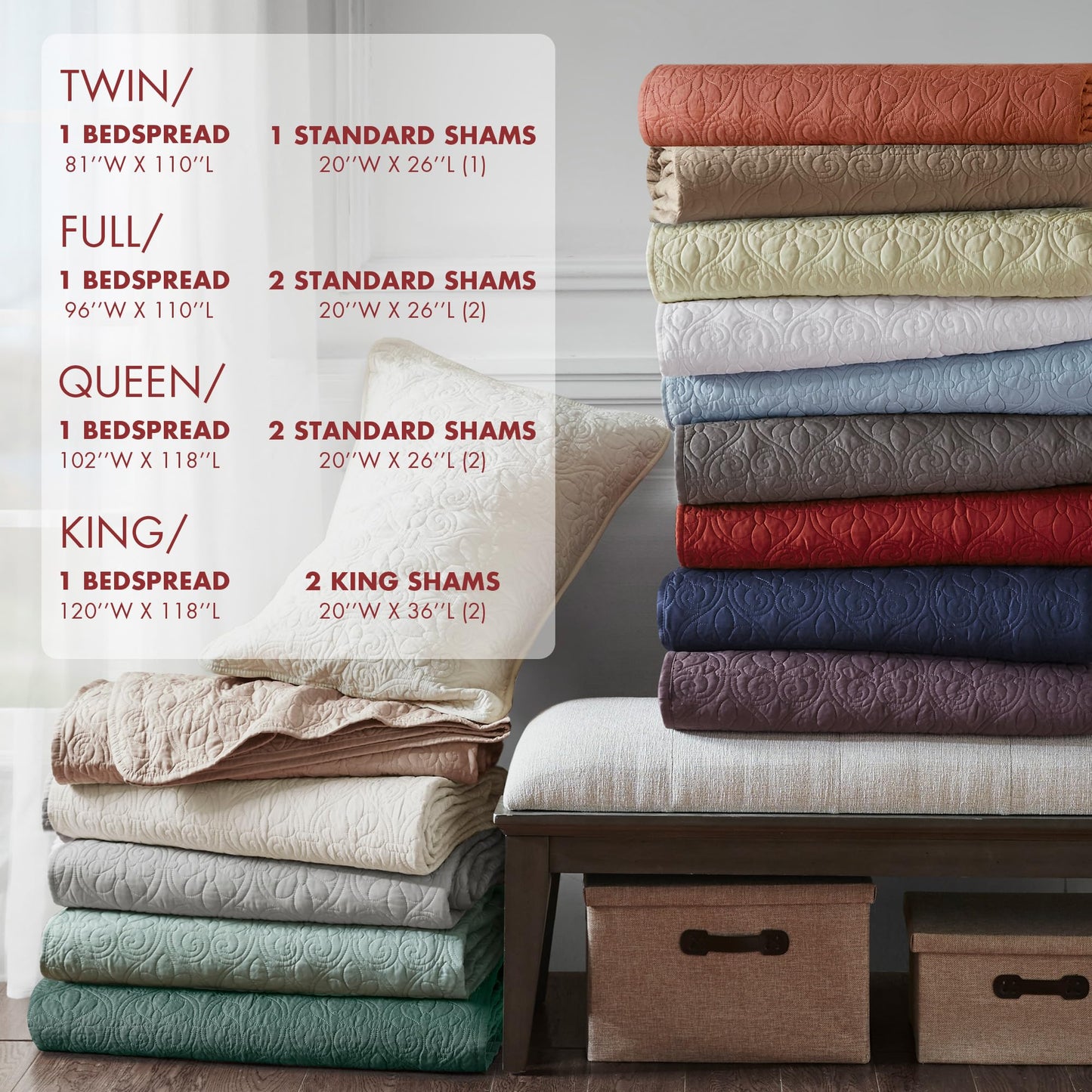 Madison Park Quebec King Size Quilt Bedding Set - Red , Damask – 3 Piece Bedding Quilt Coverlets – Ultra Soft Microfiber Bed Quilts Quilted Coverlet