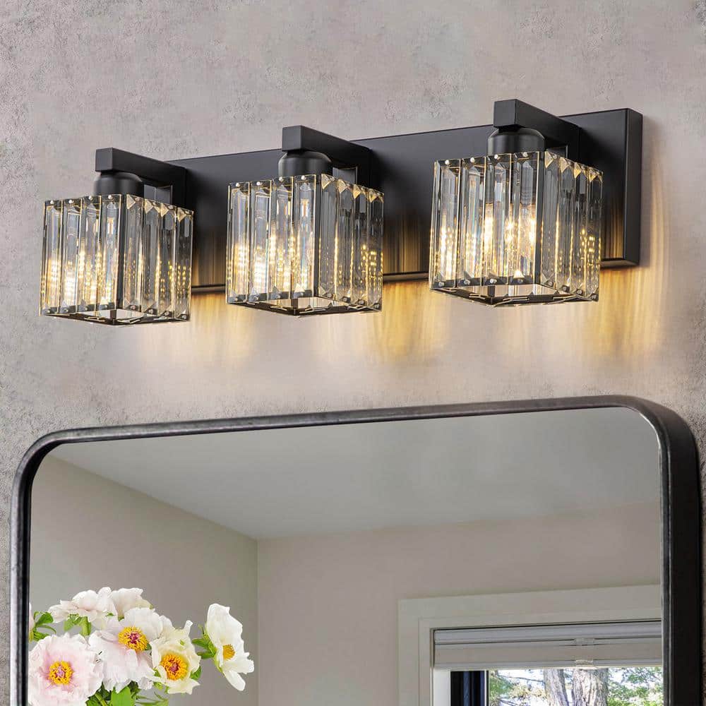 Orillia 19.7 in. 3-Light Black Bathroom Vanity Light with Crystal Shades
