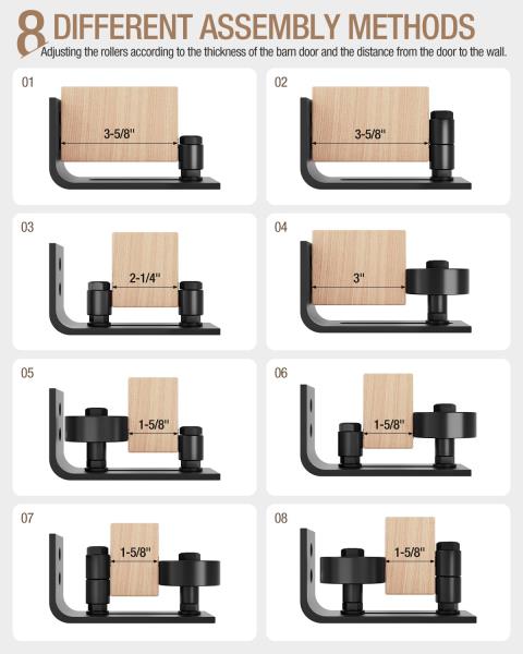 WINSOON Sliding Barn Door Floor Guide Wall Mounted Hardware for Flush Bottom Adjustable Stay Rollers, Set of 2,8 Setup Options, Smooth Wheels Fit Most Closet Pocket Doors, Black