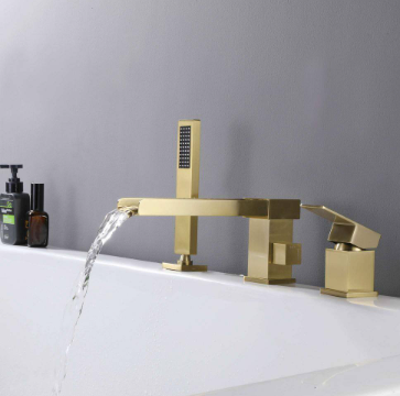 Single-Handle Deck Mount Roman Tub Faucet with Handheld Shower in Brushed Gold