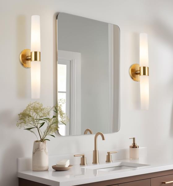 Kira Home Duo 21" 2-Light Modern Wall Sconce + Tapered Frosted Glass Shades for Bathroom/Vanity, Cool Brass Finish