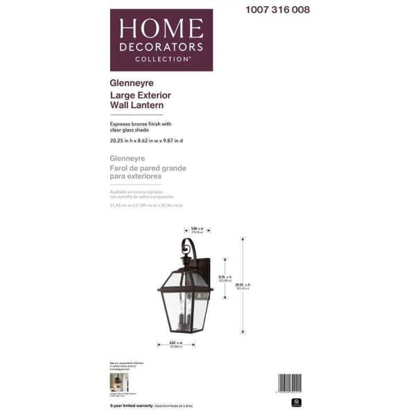 20.25 in. 2-Light Espresso Bronze Hardwired Outdoor Wall Light Lantern Sconce