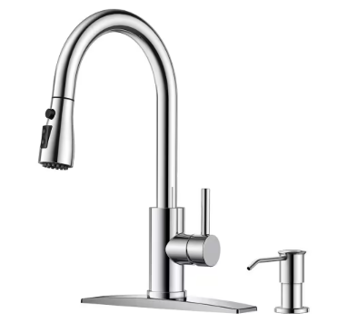 Single Handle Pull Down Sprayer Kitchen Faucet Gooseneck Kitchen Sink Faucet with Soap Dispenser in Chrome