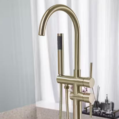 Single-Handle Free-Standing Tub Faucet with Handheld Shower in Brushed Gold