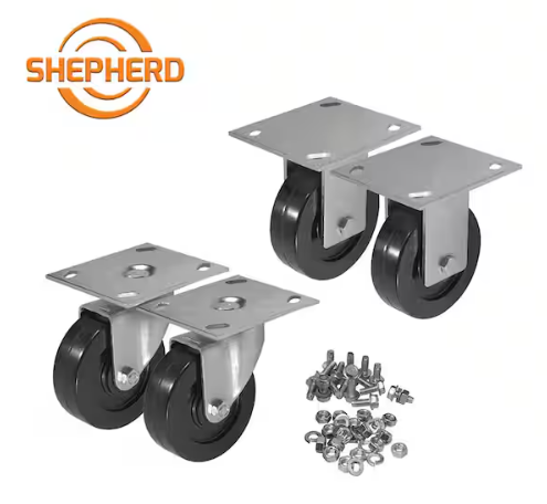 Shepherd 4" Black Rubber & Steel Swivel and Rigid Caster Kit w/ Hardware (4pk)