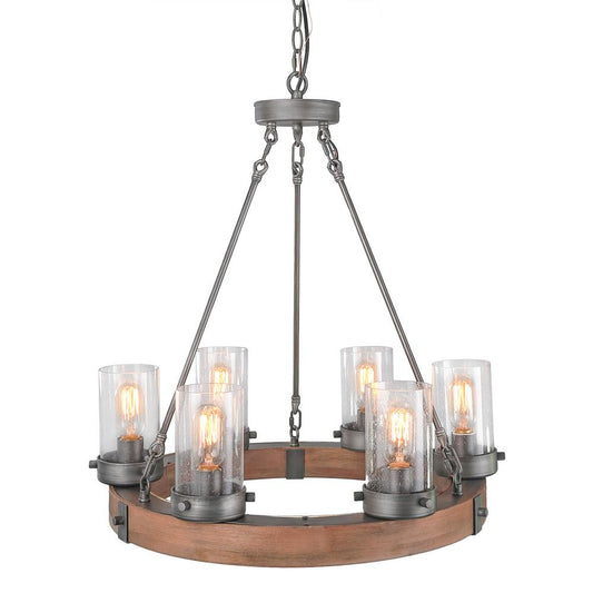 (MISSING ONE GLOBE) Bronze Farmhouse Chandelier Wood Wagon Wheel 6-Light Rustic Chandelier for Foyer with Seedy Glass and Aged Silver Metal