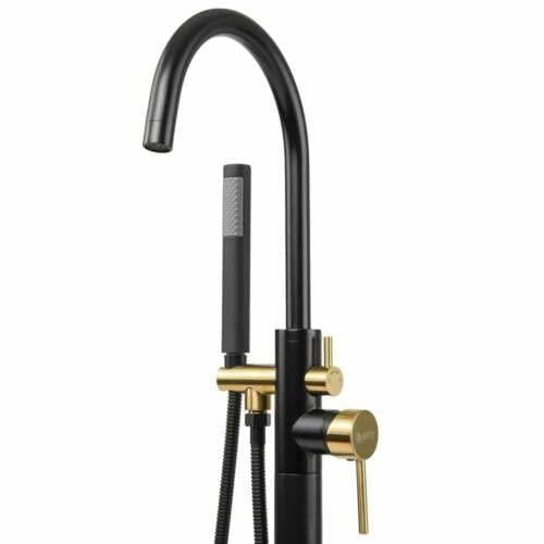 1-Handle Freestanding Floor Mount Tub Faucet Bathtub Filler w/ Hand Shower,Matte Black and Gold, Single Handle,