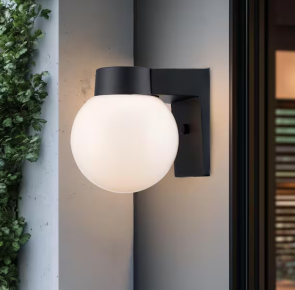 7 in. Black Outdoor Hardwired Wall Lantern Sconce with White Glass