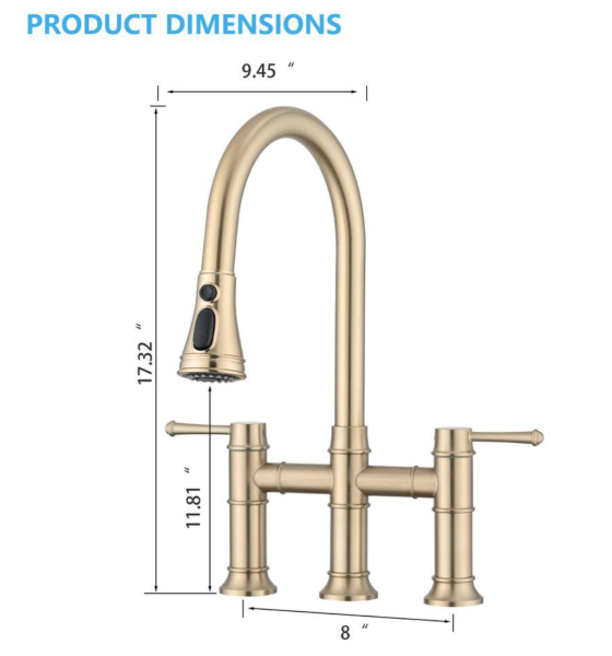 Fapully Double Handle Kitchen Bridge Faucet with Pull Down Sprayer Kitchen Faucet, 8 inch Kitchen Faucet in Brushed Gold
