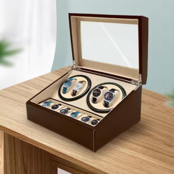 Brown Leather Automatic Watch Winder 4 Plus 6 Watch Storage Box