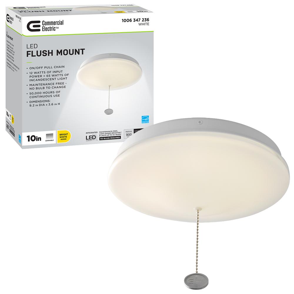 10 in. White Closet Light with Pull Chain LED Flush Mount Ceiling Light 900 Lumens 4000K Bright White