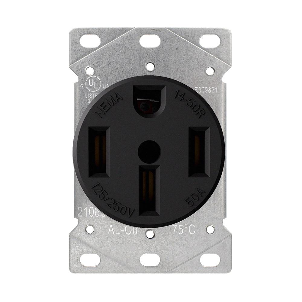 50 Amp 125/250V, NEMA 14-50R Flush Mount Power Outlet, Single Straight Blade Range and Dryer Outlet Grounding, Black