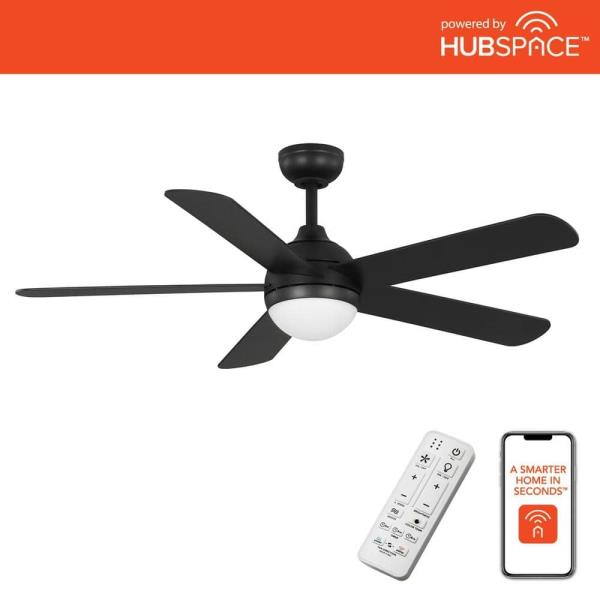 Morland 52 in. Smart Indoor/Covered Outdoor Matte Black Ceiling Fan with Remote and Integrated LED Powered by Hubspace