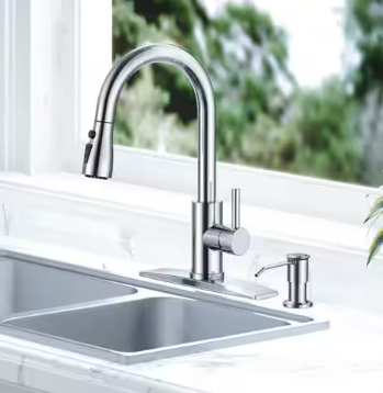 Single Handle Pull Down Sprayer Kitchen Faucet Gooseneck Kitchen Sink Faucet with Soap Dispenser in Chrome