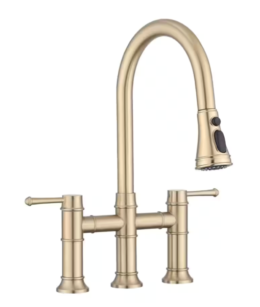 Fapully Double Handle Kitchen Bridge Faucet with Pull Down Sprayer Kitchen Faucet, 8 inch Kitchen Faucet in Brushed Gold