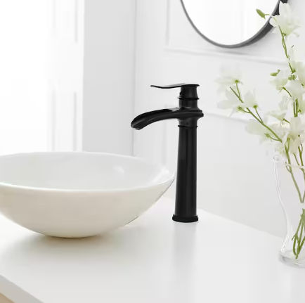 Waterfall Single Hole Single Handle Bathroom Vessel Sink Faucet with Pop-up Drain Assembly in Matte Black