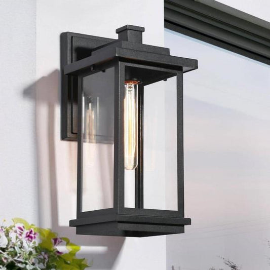 Modern 14.8 in. Large 1-Light Black Outdoor Wall Lantern Sconce with Clear Glass Shade for Garage Front Porch Wall Light