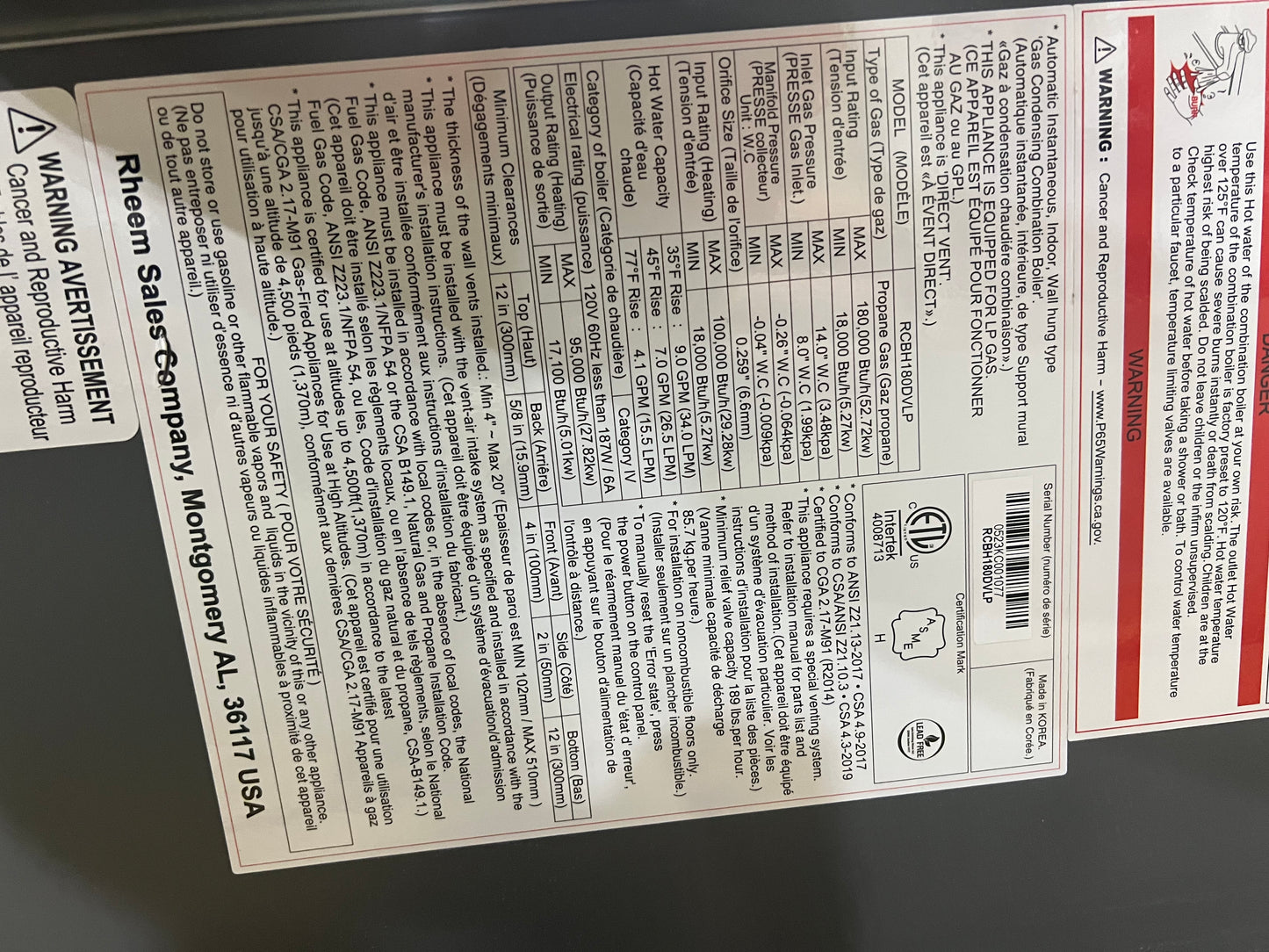 (USED) RHEEM 9.0 GPM Propane Liquid High Efficiency Combi Boiler with 180000 BTU