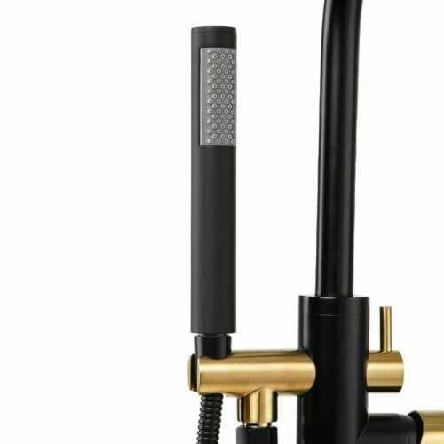 1-Handle Freestanding Floor Mount Tub Faucet Bathtub Filler w/ Hand Shower,Matte Black and Gold, Single Handle,