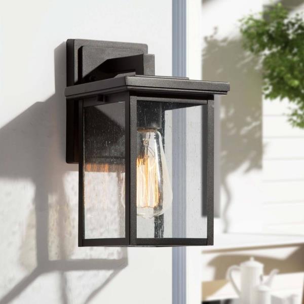 Modern 10.5 in. Black Outdoor Wall Lantern Sconce Clear Seeded Glass Shade Porch Patio Garden Light
