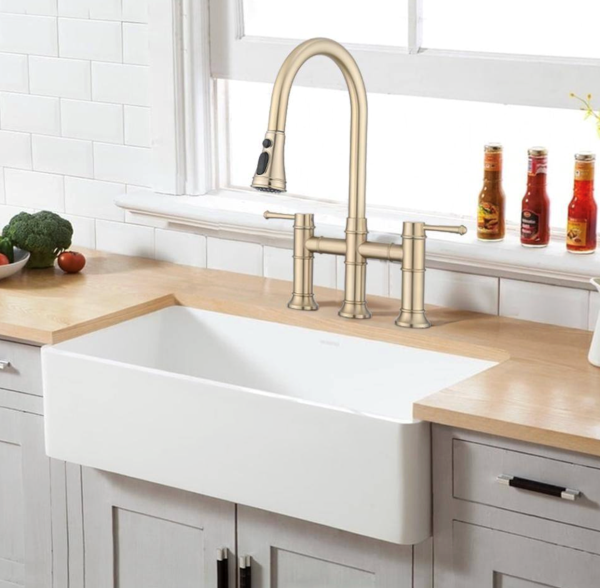Fapully Double Handle Kitchen Bridge Faucet with Pull Down Sprayer Kitchen Faucet, 8 inch Kitchen Faucet in Brushed Gold