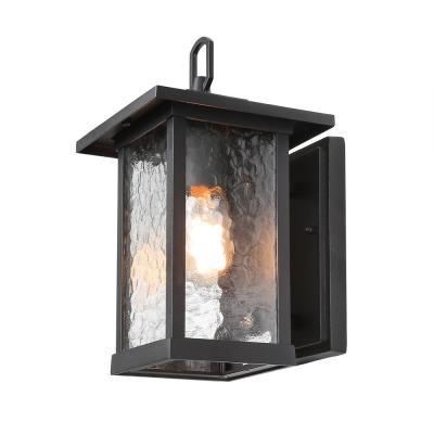 1-Light Modern Matte Black Outdoor Wall Light Lantern Sconce w/ Water Waved Glass
