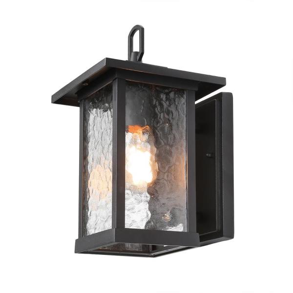 1-Light Modern Matte Black Outdoor Wall Light Lantern Sconce w/ Water Waved Glass