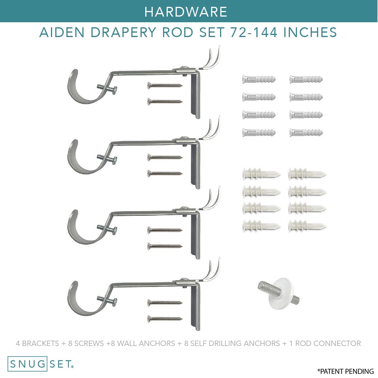 72-144" Nickel Curtain Rod, Quick Easy Installation, No Tools Option, 1" Diameter, Durable Steel Construction, Supports Heavy Fabrics, Decorative Square Finial, 4 Brackets, 72"-144" Adjustable