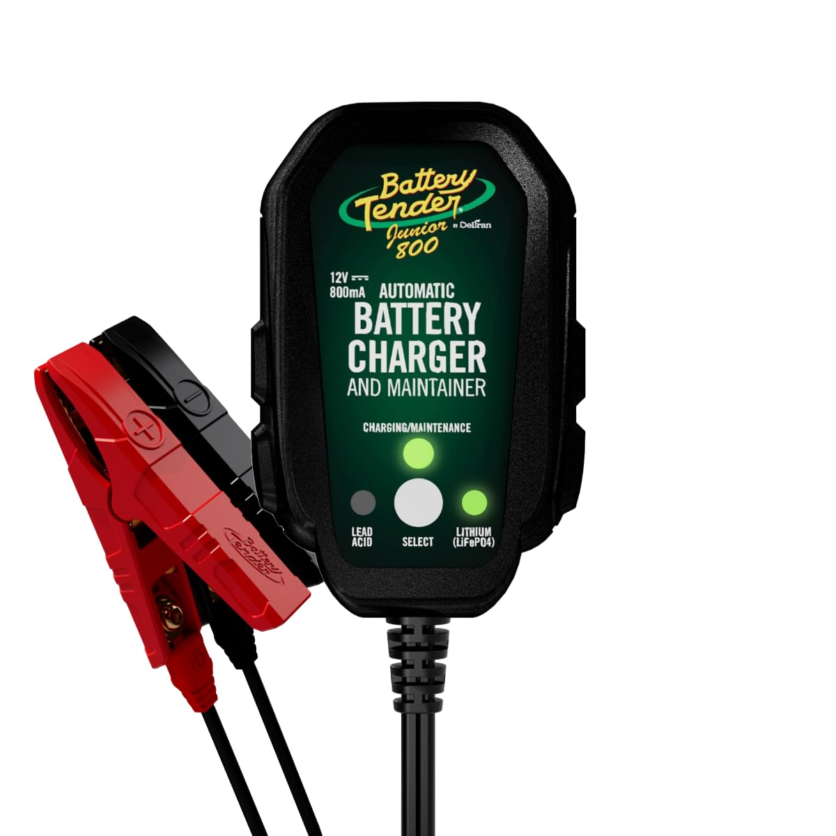 Battery Tender Junior 12V, 800mA Battery Charger and Maintainer for Lead Acid and Lithium Batteries - Switchable Battery Charger for Powersports - 022-0199-DL-WH