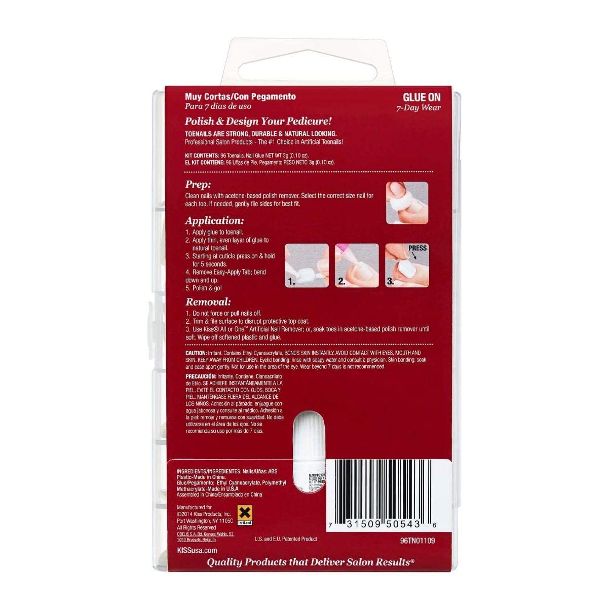 KISS 96 Full Cover Toenails Kit, Long Lasting Fake Nails, DIY Home Manicure Set with Pink Gel Nail Glue 3 g / 0.11 oz. and 96 Fake Toenails in 12 Sizes for up to 4 pedicures