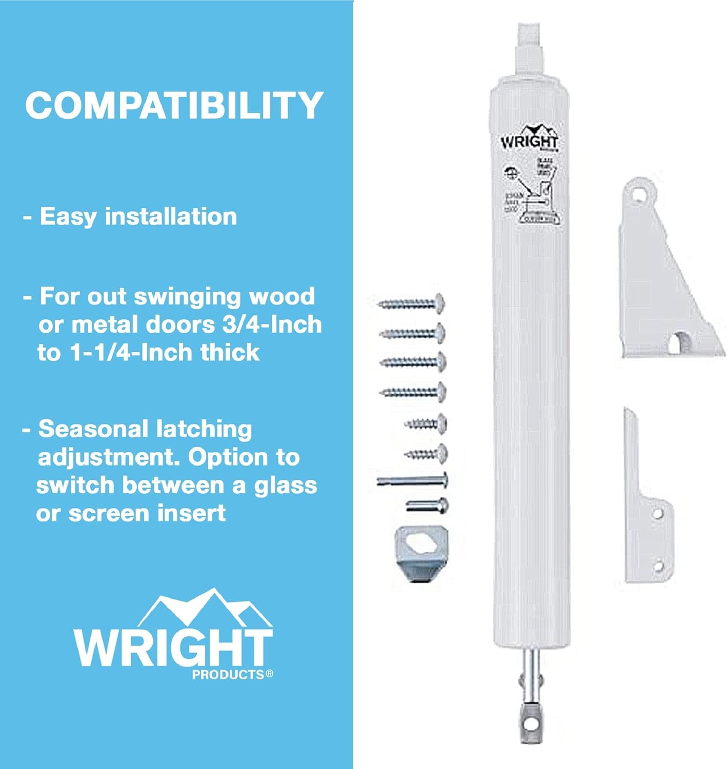 Wright Products Pneumatic Storm Door Closer – Adjustable, Smooth-Closing with Hold-Open Washer (Transitional, White)