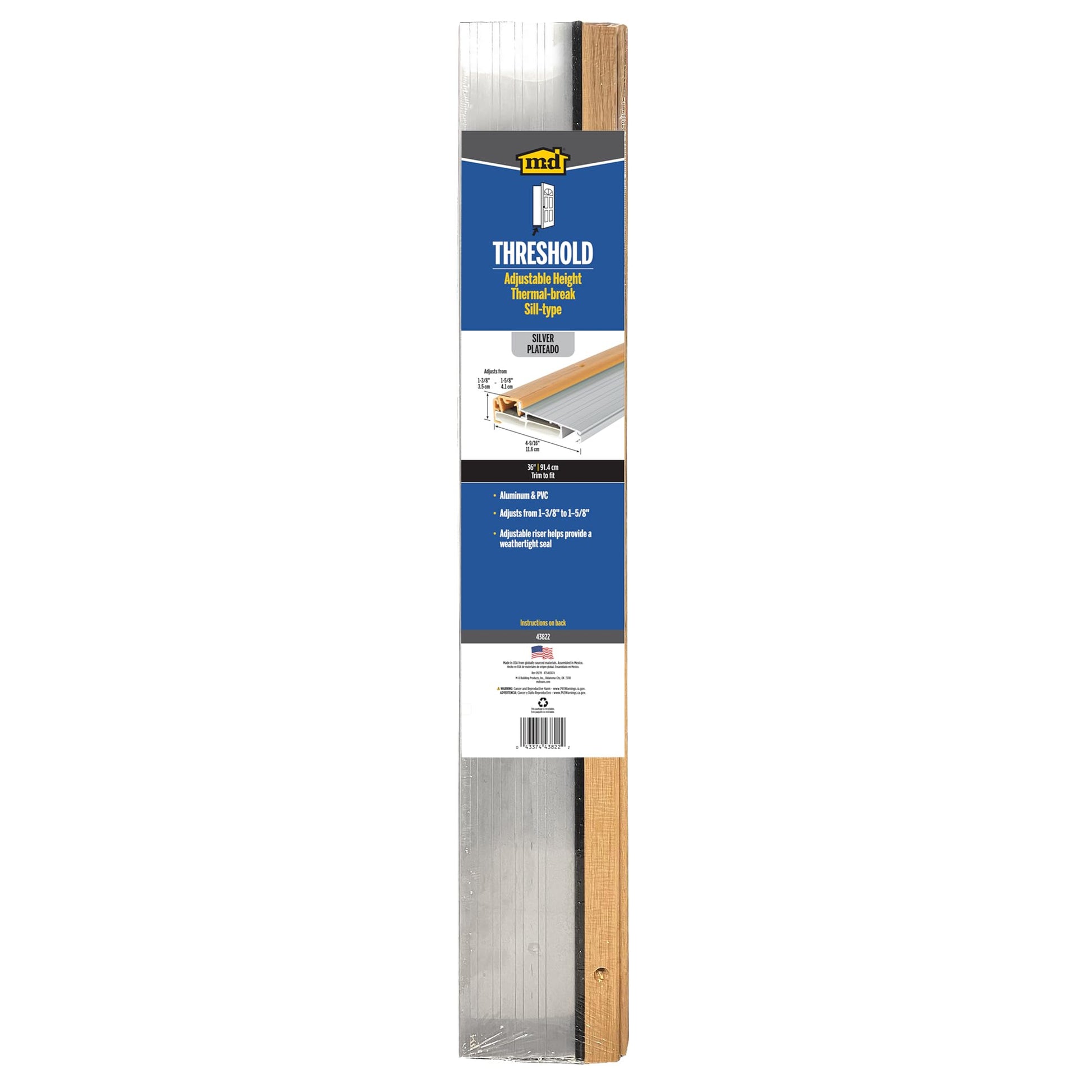 M-D Building Products 43822 4-9/16 in. x 1-3/8 in. x 36 in. Silver Adjustable Aluminum Thermal Break Threshold